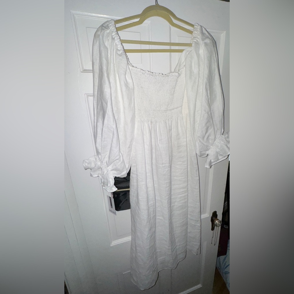 NEW Sleeper Atlanta Linen Dress Off-Shoulder White Puff Sleeve w/ Bow size L - Picture 10 of 14